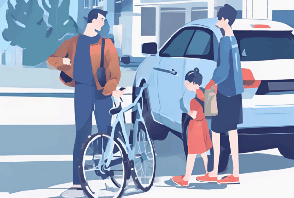 Tekening van een moeder en kind bij een deelauto die prate n met een man bij een fiets